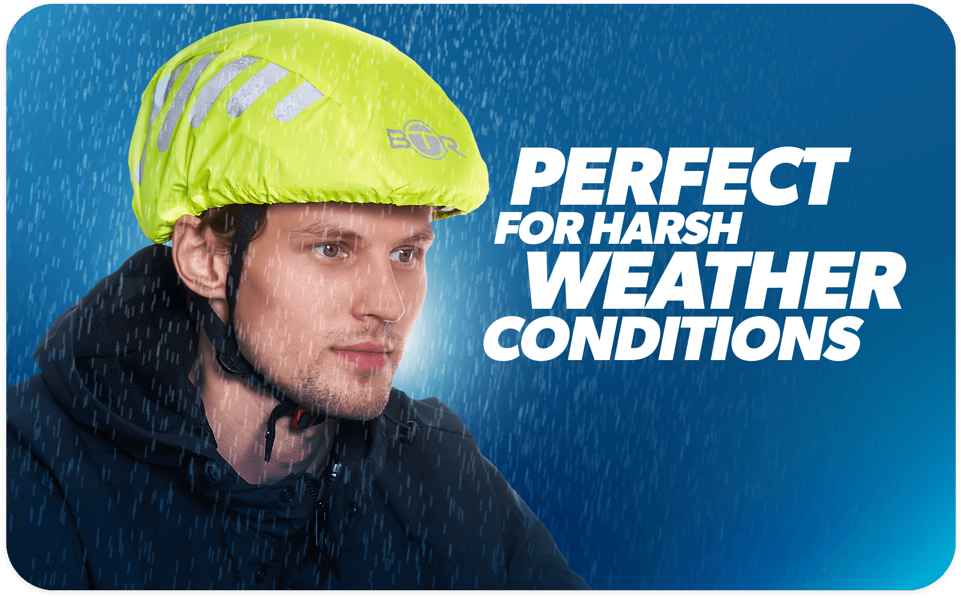 Cyclist wearing BTR waterproof yellow hi-vis helmet cover in heavy rain